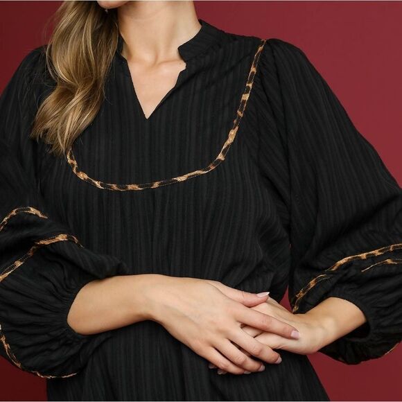 Umgee USA Umgee Ribbed Oversized Babydoll Dress Leopard Trim Sz  Md [6/8] - Picture 8 of 12